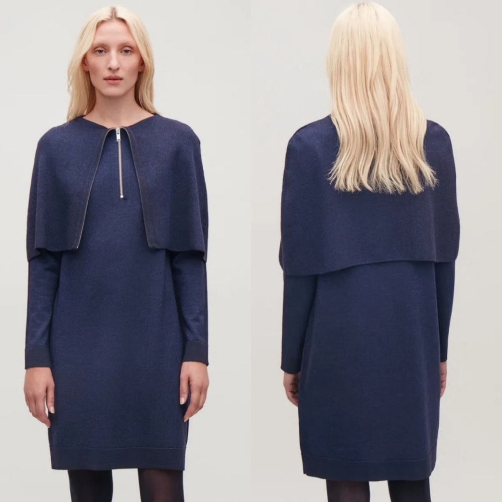 COS | Metallic Blue High Neck Merino Wool Dress NWT